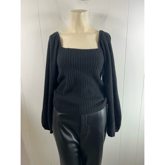 Halogen Puff Sleeve Square Neck Sweater in Black Size Small - Picture 2 of 6